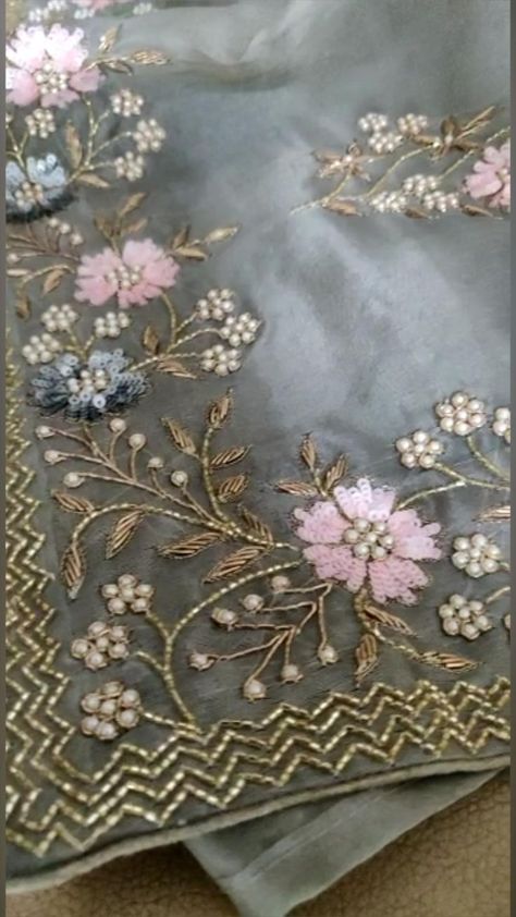 Designer saree | Hand beaded embroidery, Hand work embroidery, Hand embroidery designs Embroidery Designs With Beads, Saree Hand Embroidery, Frock Ideas, Embroidery Zardozi, Embroidery Samples, Embroidery Hand Work, Embroidery Fashion Detail, Trendy Embroidery, Zardozi Work