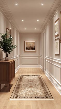 Corridor Decor Ideas Small Spaces, House Corridor Design Interiors, Rooms Hallway Ideas, Neutral Entrance Hall, Hallway Ideas Flooring, Clean Entryway Ideas, Front Entry Remodel, House Design Hallway, Wall Trim High Ceiling