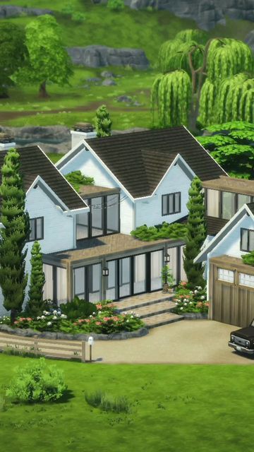 Sims 4 Builder on Instagram: "Modern Farmhouse (No CC) | Speedbuild on YouTube (link in bio) 🌳" Sims 4 Modern Ranch House, Sims 4 Modern Ranch, Modern Farmhouse Sims 4, Sims 4 Ranch Style House, Sims 4 Country House, Sims Farmhouse, Sims 4 Ranch Cc, Sims 4 Modern Farmhouse, Sims 4 Country Cc