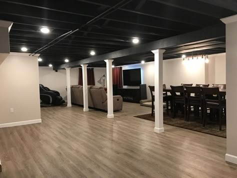 Black Basement Ceiling, Exposed Basement Ceiling, Industrial Basement, Low Ceiling Basement, Ceiling Basement, Basement Colors, Basement Painting, Basement Remodel Ideas, Basement Designs