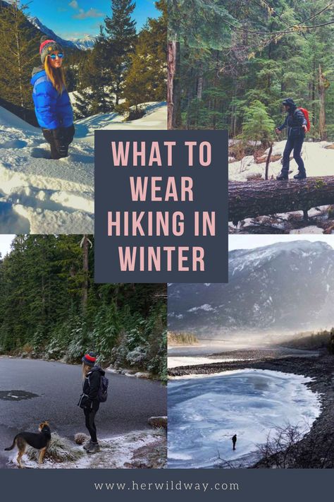 What to wear winter hiking, four photos of hikers snowy landscapes Snow Hike Outfit, Hiking In Winter Outfits, Hiking Date Outfit Winter, Hiking Outfit Winter Mountain Cold Weather, Cold Weather Hiking Outfits For Women, Winter Hiking Outfit Women Cold Weather, Insulated Winter Hiking Boots For Outdoor Activities, Casual Hoodie For Hiking In Winter, Winter Hike Outfit