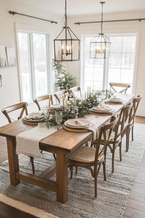 "Create a stunning Modern Farmhouse Table with this DIY project! 🛠️🏡 Ideal for stylish dining. #FarmhouseInspo #DIYTable #FarmhouseDesign" Dining Room Ideas Modern Farmhouse, Farm Style Dining Room Farmhouse, Farmhouse Dinner Table Decor, Rustic Farmhouse Table Decor, Dining Room Set Up, Rustic Dining Room Ideas Farmhouse Style, Magnolia Dining Room Ideas, Diy Large Table, Modern Farmhouse Dining Room Decor Ideas