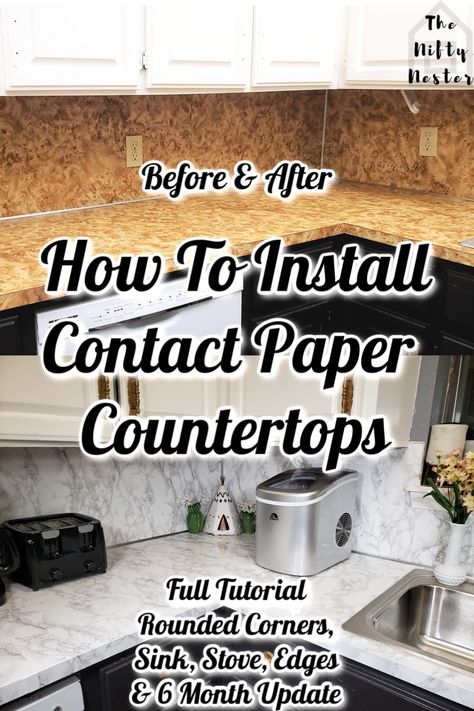 I installed these contact paper countertops in my kitchen, around the sink and stove, around the rounded corners and over the countertop edge. I also shared my 6 month update. DIY marble contact paper countertops are cheap and durable. You can see in the before and after photos how much of a transformation they made. They are easy to clean and maintain. #contactpapercountertops #howto #diyremodel #diyhomeimprovement #contactpaper #diymarblecountertops #diy #kitchenremodel #beforeandafter Vinyl Laminate Countertops, Vinyl Peel And Stick Countertops, Laminate Countertops Redo Contact Paper, How To Cover Tile Countertops Diy, How To Cover Formica Countertops, Kitchen Peel And Stick Counter Tops, Cover Laminate Countertops Diy, Contact Paper Countertop Rental, Peel And Stick Vinyl Countertop