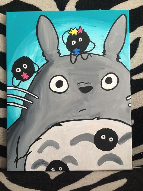 Totoro Painting Easy, Anime Easy Painting Ideas, Soot Sprite Painting, Totoro Canvas Painting, Studio Ghibli Canvas Painting, Kawaii Paintings On Canvas, Totoro Painting, Totoro Drawing, Anime Canvas Painting