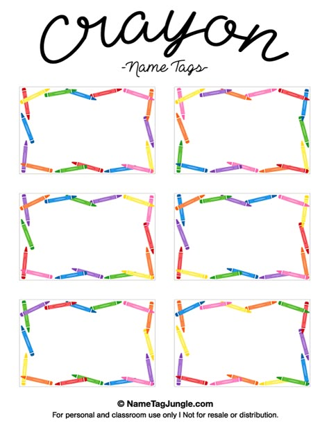 Free printable crayon name tags. The template can also be used for creating items like labels and place cards. Download the PDF at http://nametagjungle.com/name-tag/crayon/ Crayon Name Tags, Name Tag Printable, Locker Name Tags, Preschool Name Tags, Cubby Name Tags, Crayon Themed Classroom, Crayon Template, Diy Name Tags, Tag Template Free