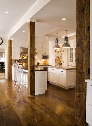 Rustic Wood Kitchen Cabinets, Beam Ideas, Wooden Floors Living Room, Craftsman Style Kitchen, Old Kitchen Cabinets, Interior Columns, Wood Beam, Kitchen And Dining Room, New Kitchen Cabinets