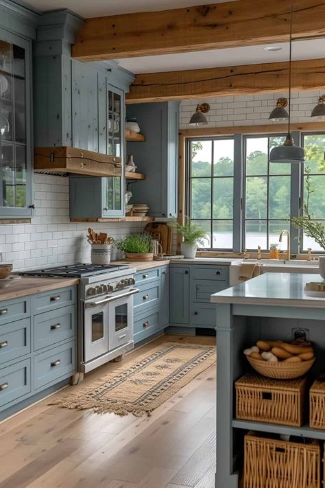 16 Breathtaking Kitchen Cabinet Designs for Coastal Living Blue Kitchen Cabinets, Blue Cabinets, Coastal Kitchen, Blue Kitchen, Kitchen Cabinet Colors, Blue Kitchens, Cottage Kitchen, Kitchen Cabinet Design, Wood Flooring