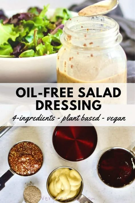 Just 4 ingredients, this oil-free salad dressing recipe transforms your greens or pasta salad from dull to delicious. Shake everything up in a mason jar and you're done in under 4 minutes! Honey mustard vinaigrette oil-free, fat-free and vegan options available. #honey #mustard #redwinevinegar #oilfree #saladdressing #4ingredient #easy #dressing #oilfreesaladdressing Oil Free Salad, Sugar Free Barbecue Sauce, Oil Free Salad Dressing, Honey Mustard Salad Dressing, Mustard Salad Dressing, Vegan Salad Dressing, Mustard Vinaigrette, Honey Mustard Vinaigrette, Vegan Dressing