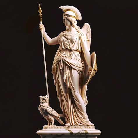 Meet Athena, the fierce warrior goddess known for her cunning strategies. 🛡️🦉 Clad in armor with a helmet and spear, she's always ready for battle. Her shield, the aegis, features the fearsome face of Medusa. 🐍 Accompanied by the wise owl, a symbol of revered wisdom across cultures. 🌟 In some astrology systems, Athena rules as the Olympic deity of Aries. 🌟 If Aries is your sun, rising, or moon sign, Athena is your guardian. ✨ Legend has it that Athena's origins lead back to the Minoan ... Athena Armor, Ancient Snake, Athena Statue, Greek Deities, Athena Owl, Ancient Gods, Warrior Goddess, Goddess Of Wisdom, Greek Statues