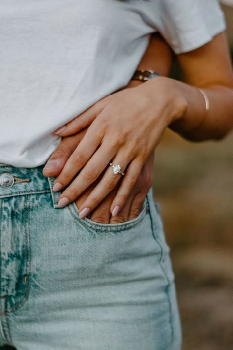 Engagement Announcement Poses, Jeans And T Shirt Engagement Photos, White T Shirt Engagement Photos, White Tshirt Engagement Pictures, Jeans And White Shirt Engagement Photos, Engagement Aesthetic Photos, White Shirt And Jeans Couples Photoshoot, Engagement Photos White Shirt And Jeans, Engagement Pics Ideas