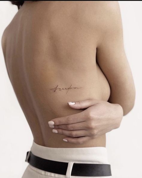 Back Under Bra Tattoo, Back And Rib Tattoo Women, Back Bra Line Tattoo, Small Side Rib Tattoo, Apricity Tattoo, Fineline Shoulder Tattoo, Nape Tattoo Women Minimalist, Tiny Rib Tattoos For Women, Rib Script Tattoo