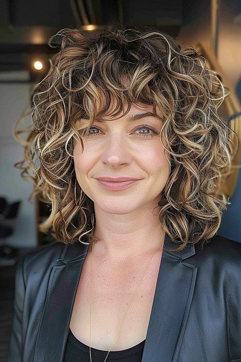 The Best Curly Haircuts with Bangs Bangs And Layered Hair Shoulder Length, Medium Length Curly Haircut With Bangs, Curly Shag With Curtain Bangs, Natural Curly Hair With Bangs, Shag Hairstyles Medium Curly, Curly Haircuts With Bangs, Medium Length Curly Haircuts, Older Woman Curly Hair, Shirt Curly Hairstyles