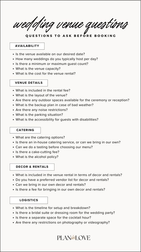 Wedding When To Do What, What To Wear To A Wedding Venue Tour, Wedding Venue Inquiry Email, Wedding Venue Checklist Printable, Wedding Venue Checklist Printable 100 Questions, Who Does What For The Wedding, Questions To Ask A Venue For A Wedding, Questions To Ask Wedding Venues Before Booking, Venue Checklist Wedding