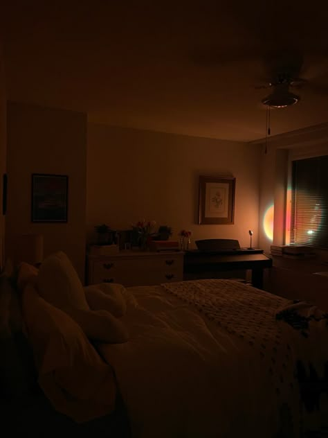 Lights Off Room Dark, Bedroom In The Morning, Dim Lights Bedroom, Late Night Bedroom Aesthetic, Dimly Lit Room, Comfy Bed Aesthetic Night, Cozy Room Night, Room With Balcony Bedrooms, Cozy Bedroom Aesthetic Night