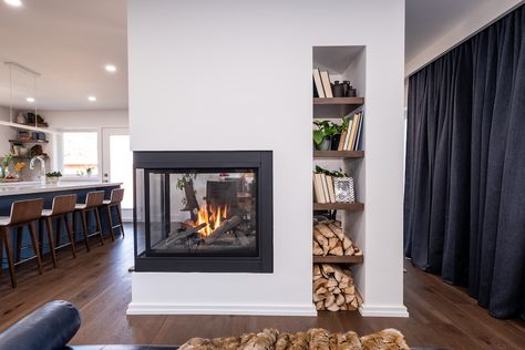 A Pretty New Fireplace Three Sides Fireplace, Three Sided Wood Burning Fireplace, Fireplace Both Sides, Fireplace Three Sided, Three Way Fireplace Ideas, 3sided Fireplace Ideas, Three Way Fireplace, Two Sided Gas Fireplace, Triple Sided Fireplace