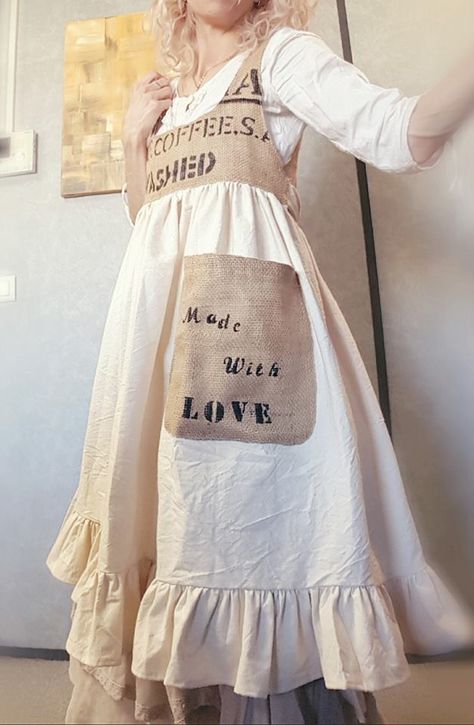 Dyi Aprons, Burlap Sack Dress, Sack Dress, Repurposed Clothing, Altered Couture, Gardening Outfit, Clothing And Textile, Long Skirts For Women, Layering Outfits