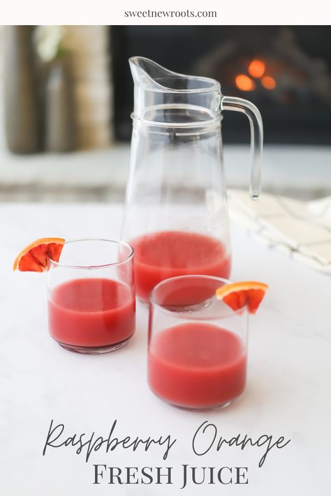 Two glasses of pink blood orange juice with a half-empty pitcher of the juice on a white table in front of a fireplace. Blood Orange Recipes, Orange Juice Recipes, Orange Juice Drinks, Raspberry Orange, Blood Orange Juice, Cold Press Juicer, Recipes Sweet, Juice Recipe, New Roots