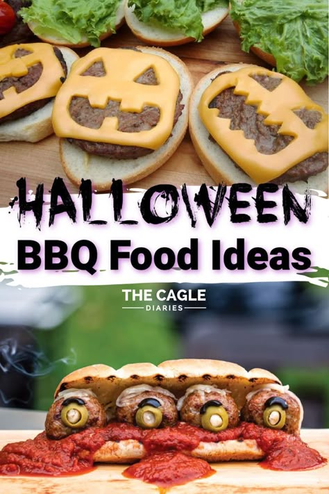 This list of awesome Halloween BBQ food ideas is the perfect list for someone that is having a Halloween party and is looking for Halloween food ideas. A lot of the time we like to BBQ for Halloween so if you're like me and always looking for Halloween food recipes, especially food ideas for kids, then this list is for you. There's a lot of really cool ideas for Halloween party food. Halloween Potatoe Ideas, Halloween Themed Burgers, Bbq Halloween Food, Halloween Pulled Pork Ideas, Halloween Bbq Ideas, Halloween Cookout Ideas, Halloween Hamburger Ideas, Halloween Bbq Food, Halloween Hot Food