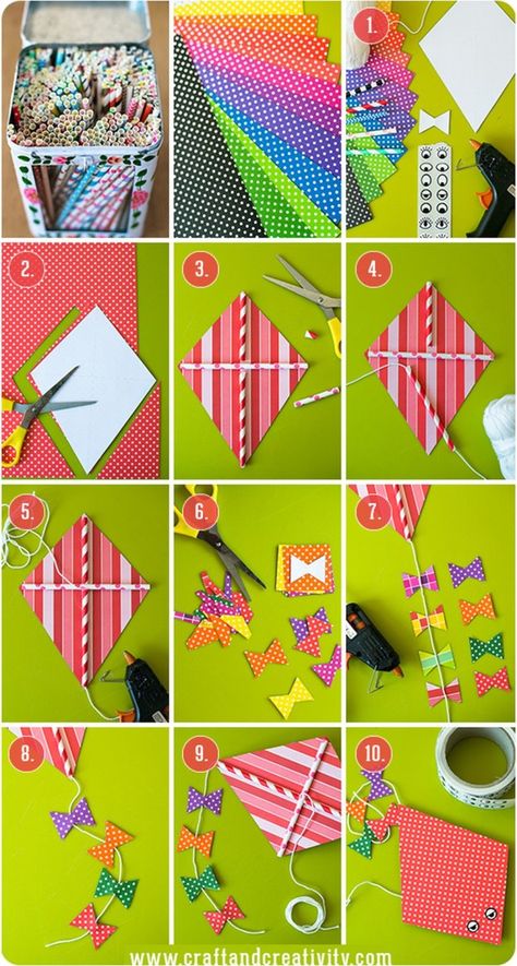 Patterned Paper Kite | DIY Kite Making Tutorials for Kids Kite Party, Paper Kite, Diy Kite, Kites Craft, Kites For Kids, Kite Making, Diy Projects For Kids, United Nations, Summer Crafts