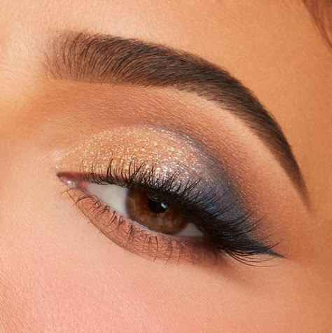 Eye Makeup To Go With Blue Dress, Makeup To Go With Royal Blue Dress, Navy Blue Natural Makeup, Prom Blue Eye Makeup, Blue Wedding Makeup For Brown Eyes, Royal Blue And Gold Eye Makeup, Subtle Navy Blue Eye Makeup, Blue And Gold Makeup Looks Simple, Simple Navy Blue Eyeshadow Looks