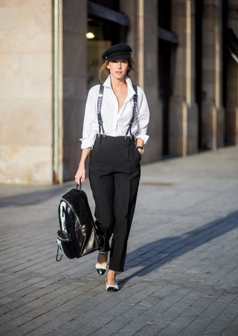 Black pants with Chanel suspenders Suspenders Outfit Women, Women Suspender Outfits, Outfits With Suspenders, Bartender Outfit, Suspenders Fashion, Suspenders Outfit, Suspenders For Women, Gatsby Party, Famous Fashion