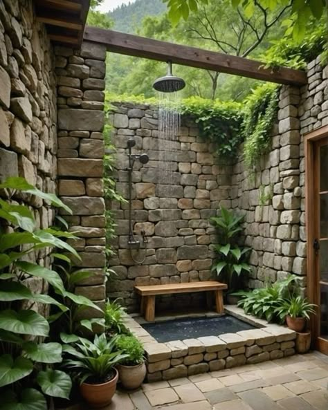 Rustic Outdoor Shower Ideas, Stone Shower Floor, Small Stone House, Outdoor Shower Ideas, Outside Showers, Outdoor Shower Enclosure, Design A Garden, Outdoor Bathroom Design, Desain Pantry