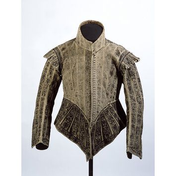 (VA T.146-1937) Heavily embroidered with silk. 1620-1625, England. V & A Museum, London, England. 2 pictures Leather Doublet, 1600 Fashion, 17th Century Clothing, 1700 Fashion, Marie Stuart, 17th Century Fashion, Fine Embroidery, Period Outfit, Century Clothing