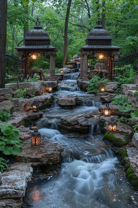 Waterfall In House, Garden Ideas With Rocks, Landscape Ideas Diy, Natural Water Features, Ponds Backyard Waterfall, Stream Elements, Backyard Stream, Diy Ponds Backyard, Garden Stream