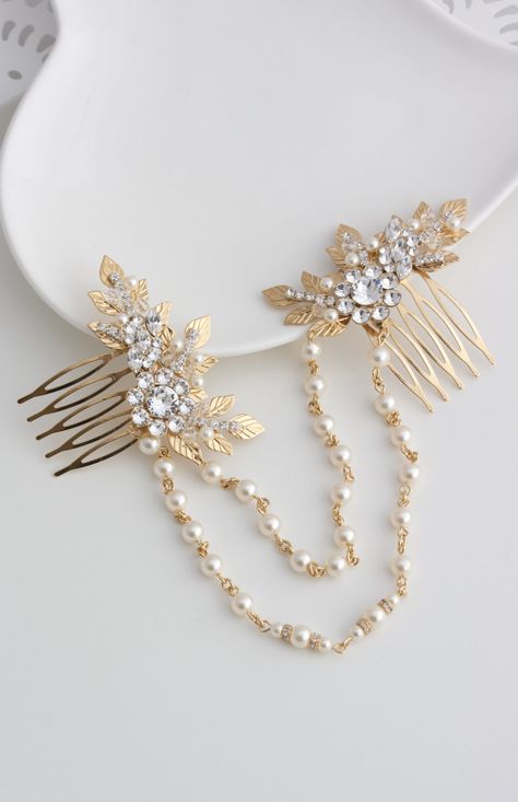 Gold leaf hairpiece Hair Chain Wedding, Wedding Headpiece Vintage, Gold Headpiece Wedding, Bridal Hair Combs, Bridal Hair Chain, Handmade Comb, Leaf Headpiece, Hair Chain, Sac Diy