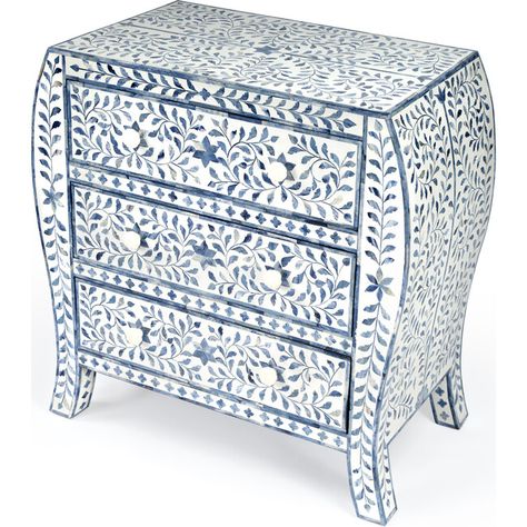 Trubadur Bone Inlay 3-Drawer Chest, Blue/White - Butler Dressers & Changing Tables | Maisonette Bone Inlay Bedside Table, Blue Chest Of Drawers, Resin Background, Bedside Drawers, Entryway Cabinet, Accent Storage Cabinet, Changing Table Dresser, Bone Inlay Furniture, Three Drawer Chest