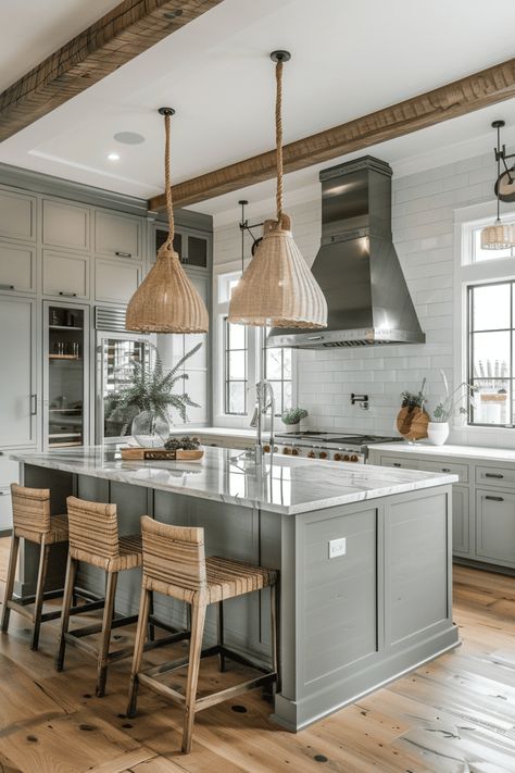 Your ultimate guide to achieving the coastal farmhouse look, from natural wood elements to nautical decor. Coastal Farmhouse Inspiration, Rustic Coastal Interior Design, Modern Farmhouse Coastal Kitchen, Coastal Wood Kitchen, Beach Kitchens Ideas, Coastal Farmhouse Kitchen Design, Coastal Kitchen Design Ideas, Lakehouse Kitchen Ideas, Coastal Farm House