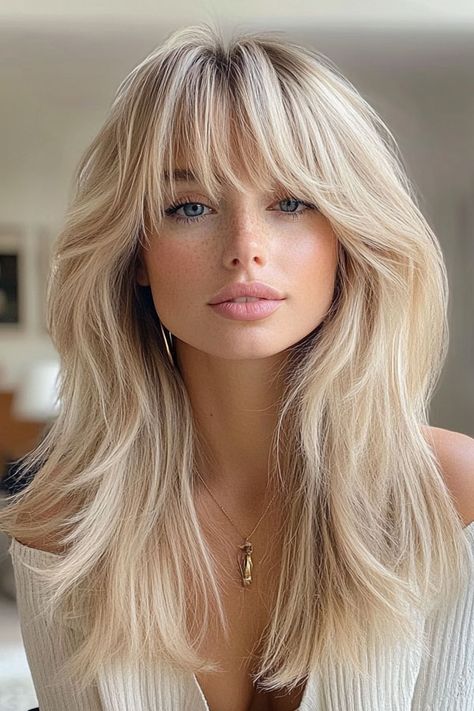 Icy Blonde Feathered Layers with Bangs Blonde Long Bangs Round Layers, Long Hair With Feathered Bangs, Blonde Wolf Cut Long, Fringe Hairstyles Blonde, Wispy Bangs Blonde Hair, Blonde Mid Length Hair With Bangs, Blonde Hair With Bangs And Layers, Blonde Balayage With Bangs, Long Blonde Hair With Bangs