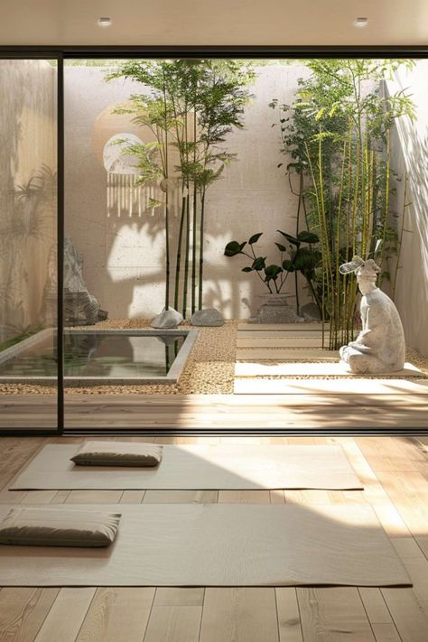 Tranquil Yoga Room Ideas with Zen Garden Natural Yoga Studio, Zen Indoor Garden, Outside Yoga Space Ideas, Garden Yoga Studio, Indoor Garden Ideas Houses, Yoga In Garden, Wellness Centre Design, Wellness Studio Design, Backyard Yoga Space Zen Gardens