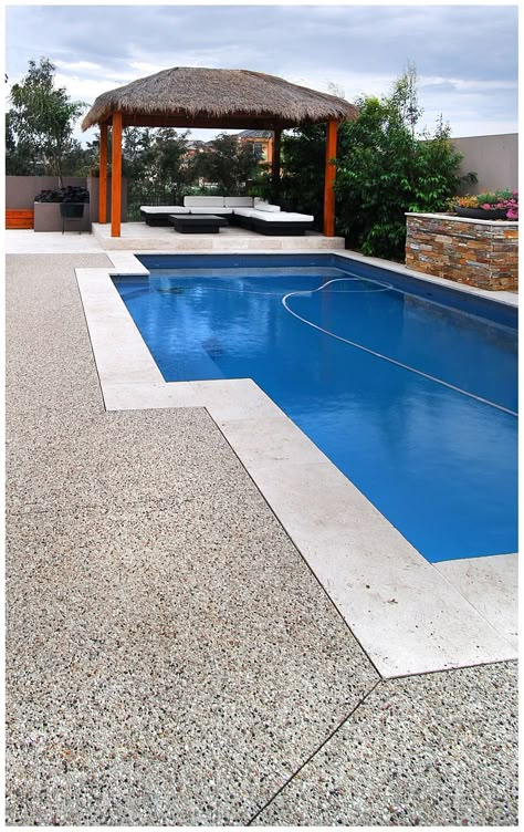 Pool With Aggregate Concrete, Pool Tile Colors, Pergola Concrete, Pool Surround Ideas, Patio And Garden Ideas, Pool Goals, Key West House, Pool Surround, Pool Paving