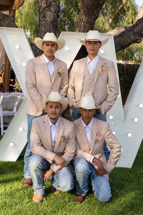 Chambelan Thank You Gifts, Quince Chambelanes Outfits Rose Gold, Cowboy Quinceanera Outfits, Gold And White Chambelanes, Quince Outfits For Guys, Quinceanera Court Dresses Gold, Lavender Chambelanes Outfits Vaquero, Sage Chambelanes Outfits, Blush Pink Chambelan Outfits