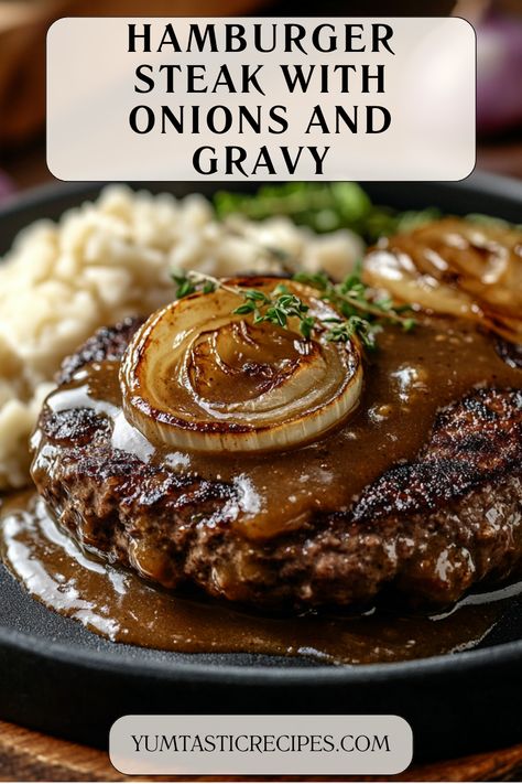 Craving comfort food? This juicy hamburger steak smothered in rich onion gravy is the ultimate meal! Perfectly seasoned patties pair with caramelized onions for a dish that’s bursting with flavor. Serve over mashed potatoes or rice for a cozy dinner everyone will adore.

#ComfortFood #HamburgerSteak #OnionGravy #DinnerRecipes #EasyMeals Hamburger Steak With Mushrooms And Onion, Hamburger Patty Meal Ideas, Hamburger Steaks With Onion Gravy Crockpot, Lb Of Hamburger Recipes, Hamburgers And Gravy Easy Recipes, Hamburger Onions And Gravy, Hamburgers With Gravy, Meals With Hamburger Patties, Hamburger With Onion Gravy