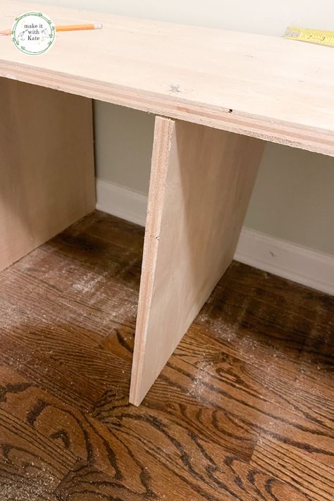 DIY Mud Room Part 1: DIY Mudroom Bench - Make it with Kate Mudroom Bench Depth, Mud Bench Diy, Diy Open Bottom Mudroom Bench, Mudroom Bench And Cabinets, Open Bottom Bench Diy, Laundry Room Seating, How To Make A Mudroom Bench, Simple Diy Mudroom Bench, Easy Diy Mudroom Bench