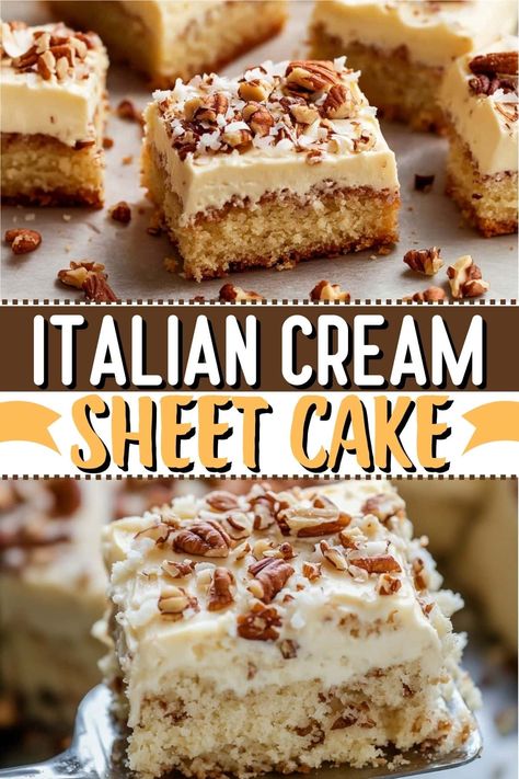 Soft, moist, and loaded with flavor, this Italian cream sheet cake is a masterpiece! You'll love the mix of tender cake, toasty nuts, and chewy coconut. Italian Cream Cheesecake Bars, Italian Crème Sheet Cake, Irish Cream Sheet Cake 12 Tomatoes, Homemade Italian Cream Cake, Desserts For Italian Dinner, Italian Cream Sheet Cake Recipe, Italian Sheet Cake, Cake Mix Italian Cream Cake Recipe, Best Italian Dessert Recipes