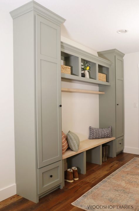 DIY Built In Mudroom Cabinets Mud Room Cabinet With Bench, Mud Room Built Ins With Bench, Small Mudroom Built Ins With Bench, Mudroom Cabinets Diy, Mud Room Cubbies With Bench Diy, Built In Cubby Wall, Open Mudroom Entryway, Cabinets In Mudroom, Diy Built In Mudroom