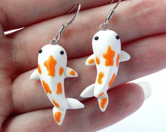 Miniature Earrings, Koi Carp Fish, Clay Kawaii, Polymer Clay Kawaii, Carp Fish, Weird Jewelry, Japanese Koi, Koi Carp, Funky Earrings