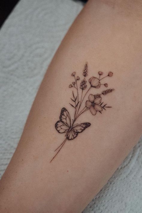 Butterfly And Flower Tattoo, Tattoo Papillon, Small Forearm Tattoos, Butterfly Tattoos For Women, Small Pretty Tattoos, Petite Tattoos, Butterfly And Flower, Wrist Tattoos For Women, Small Hand Tattoos