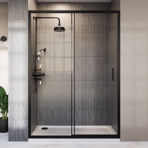 Walk In Shower Sliding Glass Door, Scandinavian Chalet, Black Shower Door, Walk In Bathroom, Sliding Shower Screens, Black Shower Doors, Bathroom Shower Enclosures, Sliding Shower Doors, Shower Sliding Glass Door