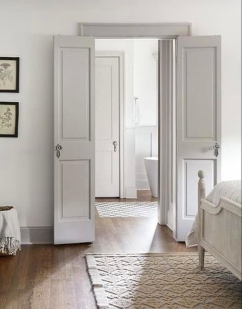 White Doors Interior, Narrow French Doors Interior, Door Ideas For Small Spaces, Minimal Sliding Doors, Deur Ensuite, Door Styles Interior, Narrow French Doors, Small French Doors, Modern Garage Door