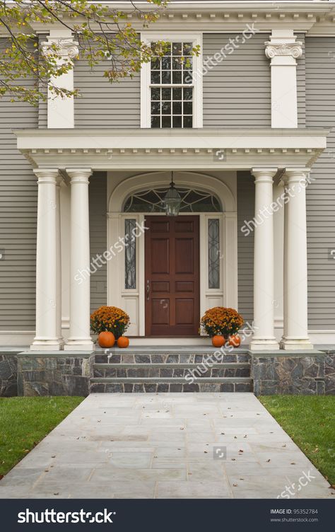 Front Door Of Home Showing Two Pillars With Arch And Twin ... Colonial Front Door, Porch Pillars, Portico Design, Custom Exterior Doors, Exterior Door Designs, Colonial House Exteriors, Exterior House Colors Combinations, Exterior Doors With Glass, Exterior House Paint Color Combinations