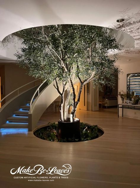 Replicate a real Mediterranean Olive Tree for a grand entry Trees Inside Houses, Tree Decor Indoor, Indoor Plants Restaurant, Indoor Trees Architecture, Tree In Entryway, Tree Inside House Interiors, House Trees Indoor, Trees In House, Faux Trees Indoor Decor