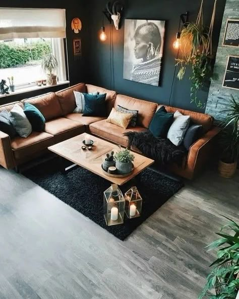 Modern Living Room Ideas Brown Couch, Ideas On How To Decorate My Living Room, Black Interior Walls Living Room, Home Aesthetic Inspiration Living Room, Den Vs Living Room, Decadent Living Room, Modern Spanish Home Office, Cool Color Living Room, Dramatic Sitting Room