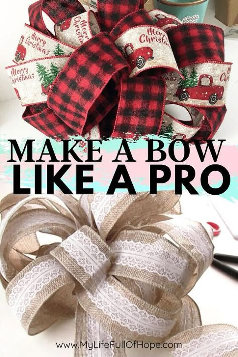 How To Make Christmas Bow | Like A PRODo you ever wonder how do they create those huge beautiful bows that you see in the stores? Or maybe you’re tired of spending money on cheaply made bows. Well, today I am going to show you how to make a bow out of ribbon.Creating your very own custom, easy ribbon bow on a budget. That is right!! You will be able to decorate anything and everything from how to make a Christmas tree bow, weddings, wreaths, seasonal decor, and more.I created two v… Bow Making Tutorials, Diy Wreath Bow, Christmas Bows Diy, Homemade Bows, Make A Bow, Making Bows, Make Bows, Bows Diy Ribbon, Christmas Tree Bows