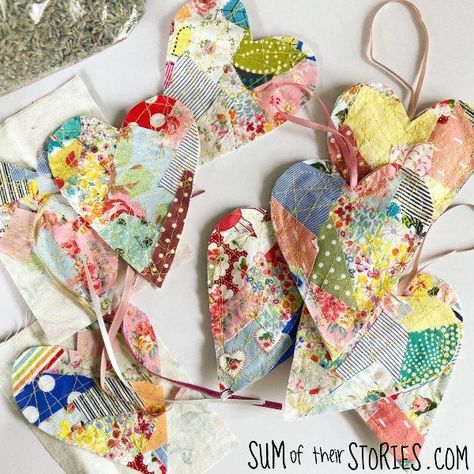 Hanging Hearts made from Scrappy Fabric — Sum of their Stories Craft Blog Shabby Fabrics Projects, Rag Wreath, Heart Template, Fabric Hearts, Heart Shape Box, Fabric Heart, Heart Themed, Shabby Fabrics, Patchwork Fabric