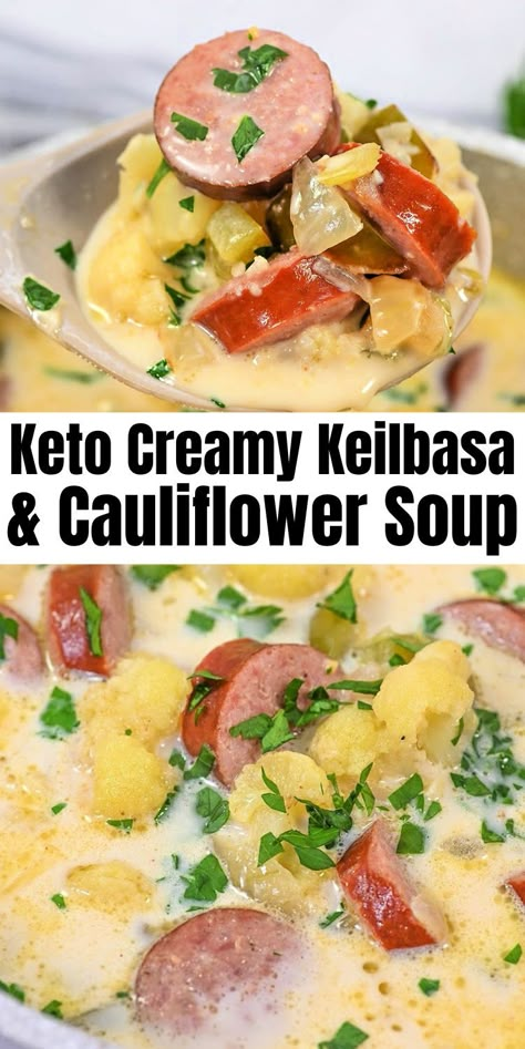 Keto Creamy Kielbasa and Cauliflower Soup #ketocreamykeilbasaandcauliflowersoup #creamykeilbasaandcauliflowersoup Creamy Kielbasa, High Protein Low Carb Recipes Dinner, Stylish Cravings, Sick Food, Sausage Soup Recipes, Low Carb Soups, Low Carb Soup Recipes, Kielbasa Recipes, Creamy Cauliflower Soup