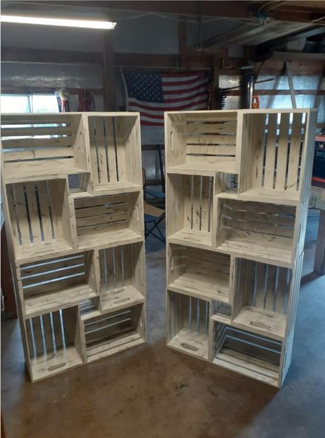 Diy Plastic Crate Ideas, Crates For Plant Stands, Diy Wood Cube Storage, Wood Milk Crate Shelves, Wooden Crate Closet Ideas, Crates For Clothes Storage, Wooden Crate Bookcase, Wooden Crates Bookshelf, Wooden Crates Shelves